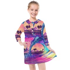 Retro Wave Ocean Kids  Quarter Sleeve Shirt Dress