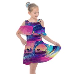 Retro Wave Ocean Kids  Shoulder Cutout Chiffon Dress