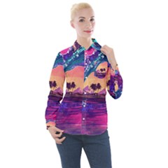 Retro Wave Ocean Women s Long Sleeve Pocket Shirt