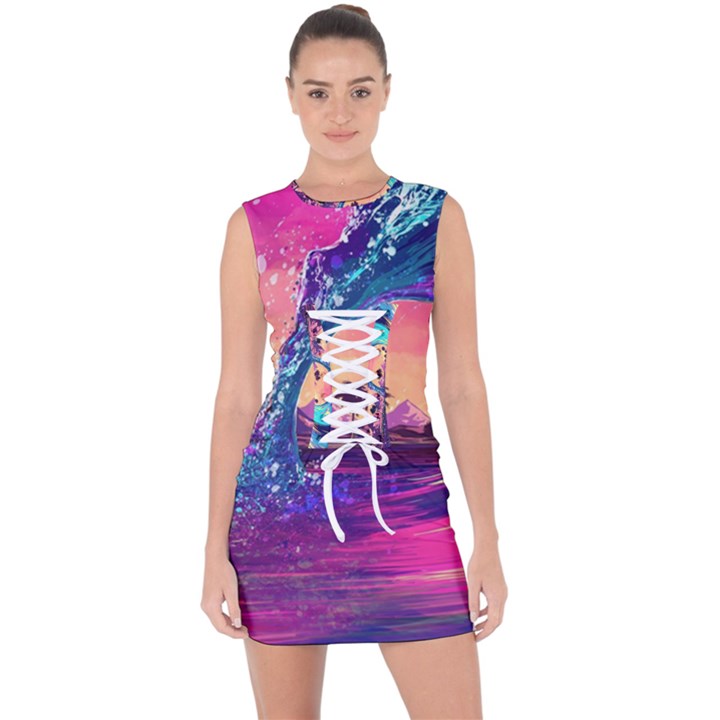 Retro Wave Ocean Lace Up Front Bodycon Dress