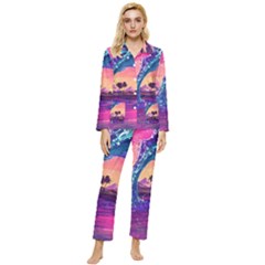 Retro Wave Ocean Womens  Long Sleeve Velvet Pocket Pajamas Set