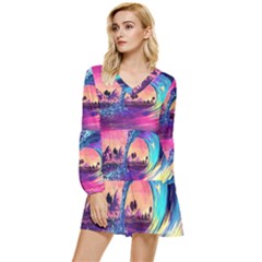 Retro Wave Ocean Tiered Long Sleeve Mini Dress