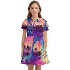 Retro Wave Ocean Kids  Bow Tie Puff Sleeve Dress