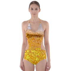 Texture Pattern Macro Glass Of Beer Foam White Yellow Bubble Cut-out One Piece Swimsuit by uniart180623