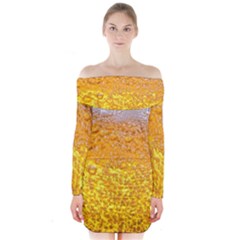 Texture Pattern Macro Glass Of Beer Foam White Yellow Bubble Long Sleeve Off Shoulder Dress by uniart180623