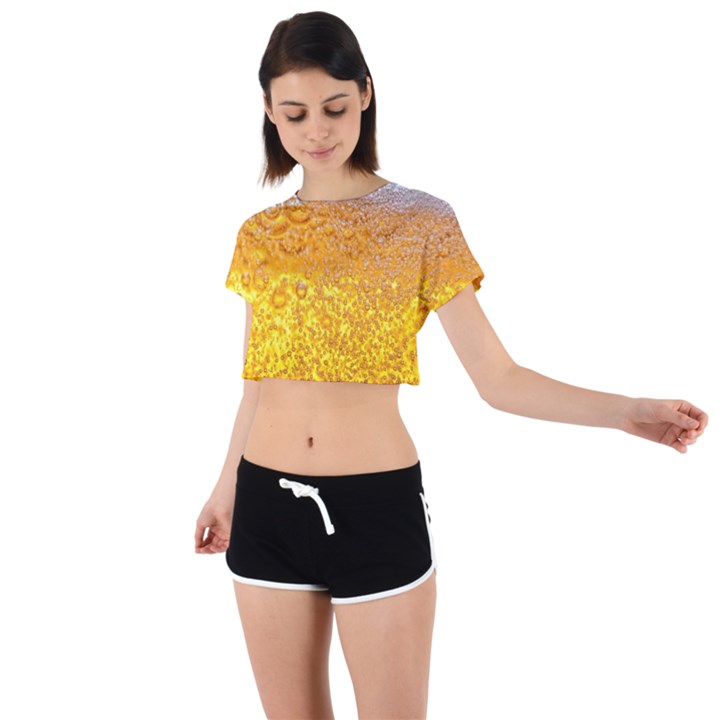 Texture Pattern Macro Glass Of Beer Foam White Yellow Bubble Tie Back Short Sleeve Crop Tee