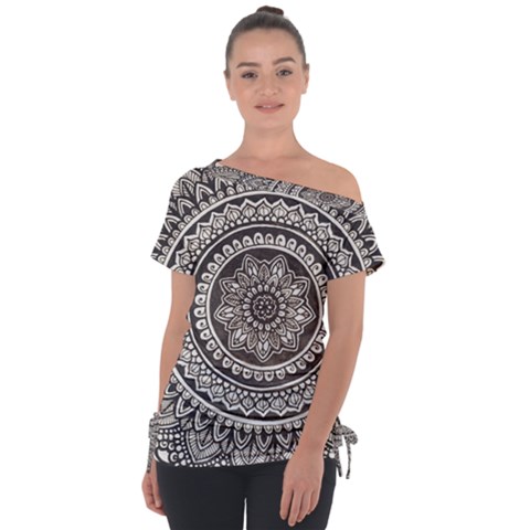 Mandala Circles Drawing Pattern Off Shoulder Tie-up Tee by uniart180623