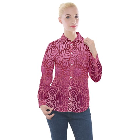 Pink Mandala Glitter Bohemian Girly Glitter Women s Long Sleeve Pocket Shirt by uniart180623