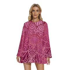 Pink Mandala Glitter Bohemian Girly Glitter Round Neck Long Sleeve Bohemian Style Chiffon Mini Dress by uniart180623