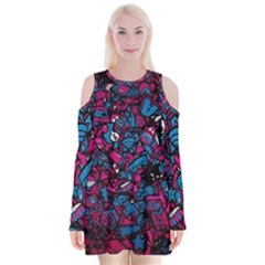 Grafitti Graffiti Abstract Artwork Digital Velvet Long Sleeve Shoulder Cutout Dress