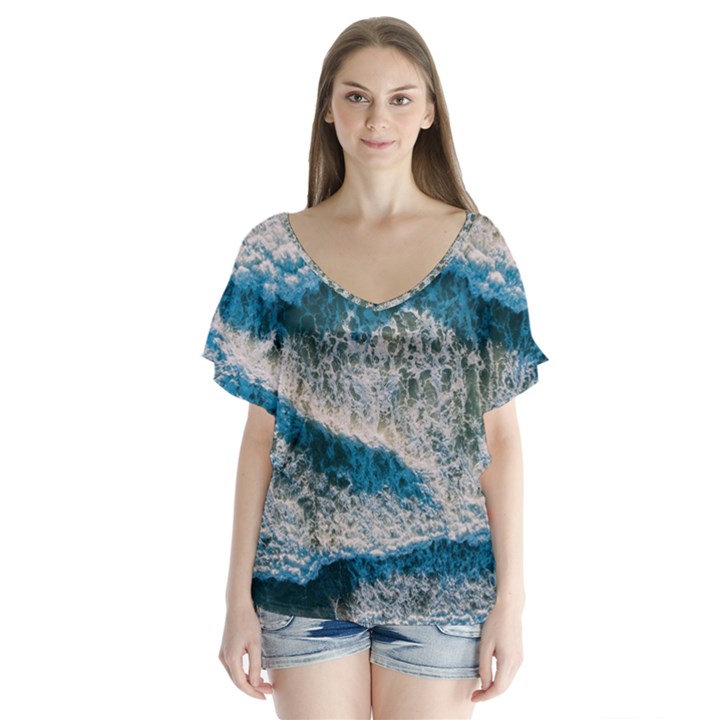 Waves Wave Nature Beach V-Neck Flutter Sleeve Top