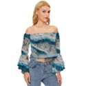 Waves Wave Nature Beach Off Shoulder Flutter Bell Sleeve Top View3