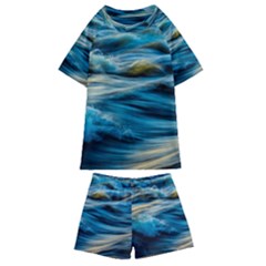 Waves Abstract Waves Abstract Kids  Swim Tee And Shorts Set by uniart180623