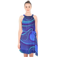 Spiral Shape Blue Abstract Halter Collar Waist Tie Chiffon Dress by uniart180623