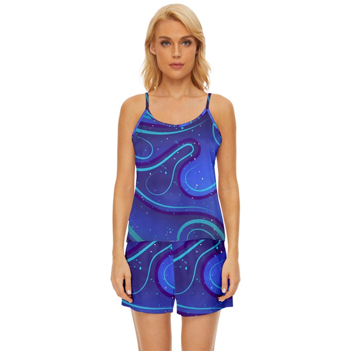 Spiral Shape Blue Abstract Satin Pajama Short Set