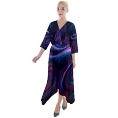 Purple Blue Swirl Abstract Quarter Sleeve Wrap Front Maxi Dress by uniart180623