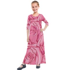 Pink Roses Pattern Floral Patterns Kids  Quarter Sleeve Maxi Dress by uniart180623