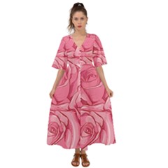 Pink Roses Pattern Floral Patterns Kimono Sleeve Boho Dress by uniart180623