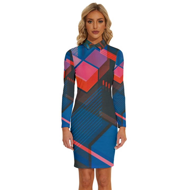 Minimalist Abstract Shaping Abstract Digital Art Long Sleeve Shirt Collar Bodycon Dress