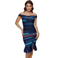 Orange Blue Dot Dots Lines Abstract Digital Art Off Shoulder Ruffle Split Hem Bodycon Dress by uniart180623