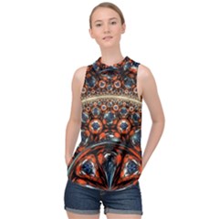 Fractal Floral Ornaments Rings 3d Sphere Floral Pattern Neon Art High Neck Satin Top