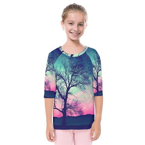 Tree Abstract Field Galaxy Night Nature Kids  Quarter Sleeve Raglan Tee by uniart180623