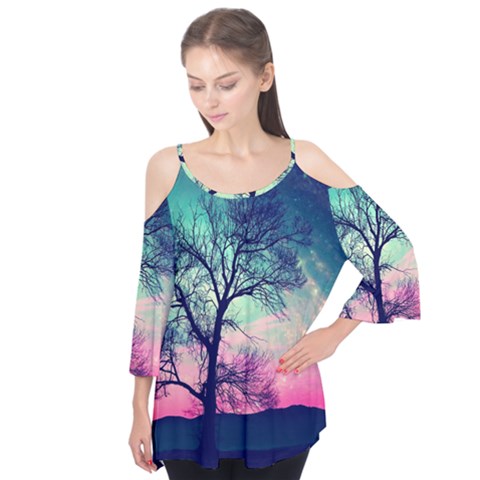 Tree Abstract Field Galaxy Night Nature Flutter Sleeve Tee  by uniart180623