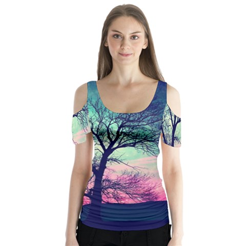 Tree Abstract Field Galaxy Night Nature Butterfly Sleeve Cutout Tee  by uniart180623