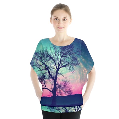 Tree Abstract Field Galaxy Night Nature Batwing Chiffon Blouse by uniart180623