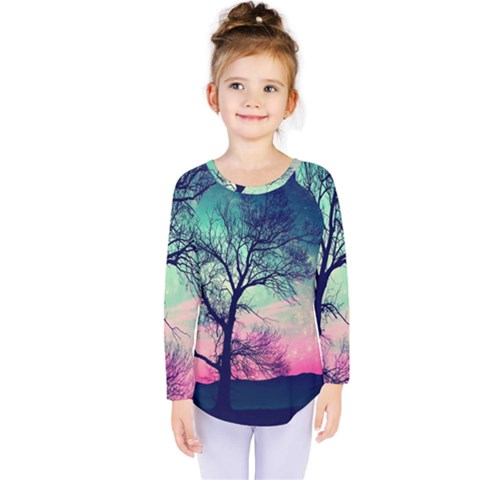 Tree Abstract Field Galaxy Night Nature Kids  Long Sleeve Tee by uniart180623