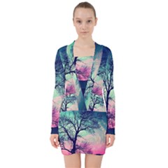 Tree Abstract Field Galaxy Night Nature V-neck Bodycon Long Sleeve Dress by uniart180623