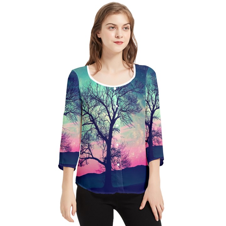 Tree Abstract Field Galaxy Night Nature Chiffon Quarter Sleeve Blouse