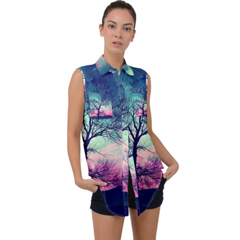 Tree Abstract Field Galaxy Night Nature Sleeveless Chiffon Button Shirt by uniart180623