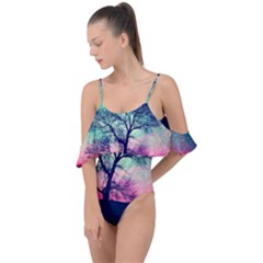 Tree Abstract Field Galaxy Night Nature Drape Piece Swimsuit by uniart180623