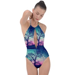 Tree Abstract Field Galaxy Night Nature Plunge Cut Halter Swimsuit by uniart180623