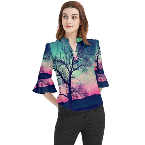 Tree Abstract Field Galaxy Night Nature Loose Horn Sleeve Chiffon Blouse by uniart180623