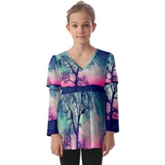 Tree Abstract Field Galaxy Night Nature Kids  V Neck Casual Top by uniart180623