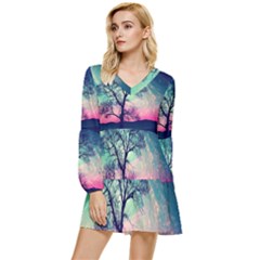 Tree Abstract Field Galaxy Night Nature Tiered Long Sleeve Mini Dress by uniart180623