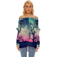 Tree Abstract Field Galaxy Night Nature Off Shoulder Chiffon Pocket Shirt by uniart180623