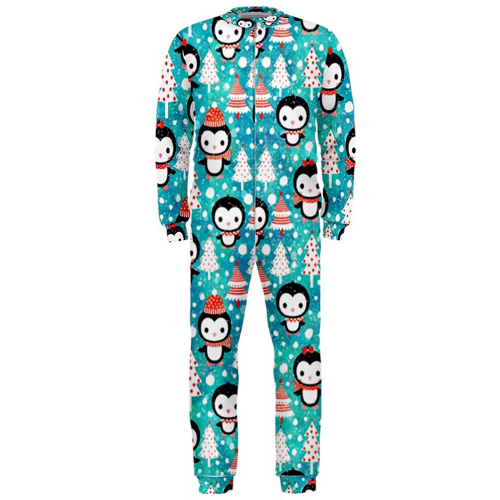 Blue Penguin Pattern Christmas OnePiece Jumpsuit (Men)