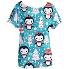 Blue Penguin Pattern Christmas Women s Oversized Tee by uniart180623