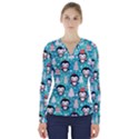 Blue Penguin Pattern Christmas V-Neck Long Sleeve Top View1