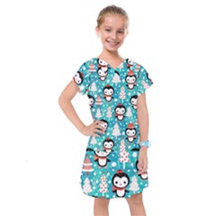 Blue Penguin Pattern Christmas Kids  Drop Waist Dress by uniart180623