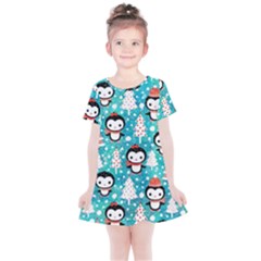 Blue Penguin Pattern Christmas Kids  Simple Cotton Dress by uniart180623