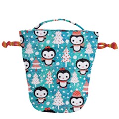 Blue Penguin Pattern Christmas Drawstring Bucket Bag by uniart180623