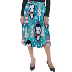 Blue Penguin Pattern Christmas Classic Velour Midi Skirt 