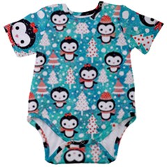 Blue Penguin Pattern Christmas Baby Short Sleeve Bodysuit by uniart180623