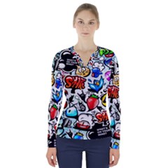 Graffiti Art Cartoon Comic V-neck Long Sleeve Top by uniart180623