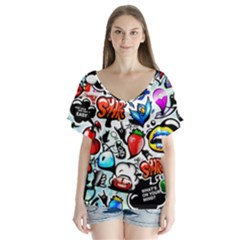 Graffiti Art Cartoon Comic V-neck Flutter Sleeve Top by uniart180623