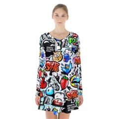 Graffiti Art Cartoon Comic Long Sleeve Velvet V-neck Dress by uniart180623